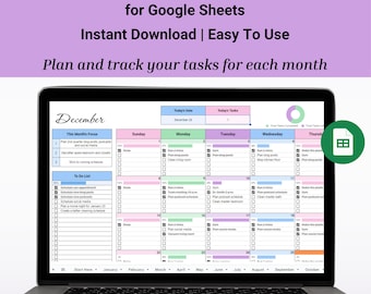 Monthly Calendar Checklist, Google Sheets Productivity Planner Spreadsheet, Daily To Do List Task Tracker, Editable Digital Calendar