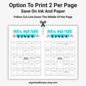 May include: Two-page printable 80s Music Bingo game sheets. Each sheet features a grid of song titles and the words "80s Music Bingo" in a colorful design. Instructions are at the top to print two per page.