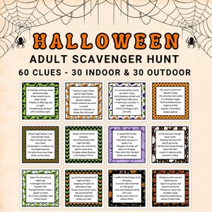 以下が含まれることがあります： HALLOWEEN ADULT SCAVENGER HUNT 60 CLUES - 30 INDOOR & 30 OUTDOORというタイトルの大人向けハロウィン宝探しゲームシート。明るい背景に、様々な色の枠で囲まれた12枚の正方形のカードと、印刷された謎解きがデザインされています。