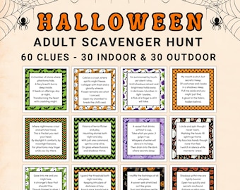 May include: A Halloween adult scavenger hunt game sheet featuring the title HALLOWEEN ADULT SCAVENGER HUNT 60 CLUES - 30 INDOOR & 30 OUTDOOR. The design includes twelve square cards with various colored borders and printed riddles on a light background.