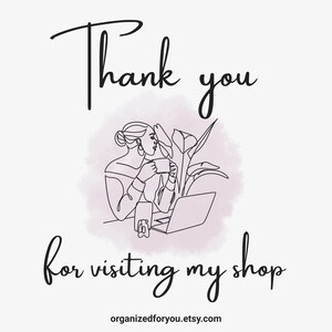 May include: A line drawing with the text "Thank you for visiting my shop." The image features a woman with a laptop, a cup, and a plant. The shop's URL is at the bottom.