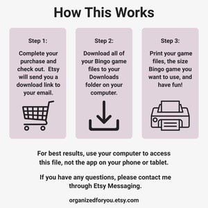 May include: An infographic titled "How This Works" with three steps. Step 1 shows a shopping cart icon and text about completing a purchase. Step 2 features a download icon and instructions. Step 3 shows a printer icon and instructions. Additional text provides further guidance.
