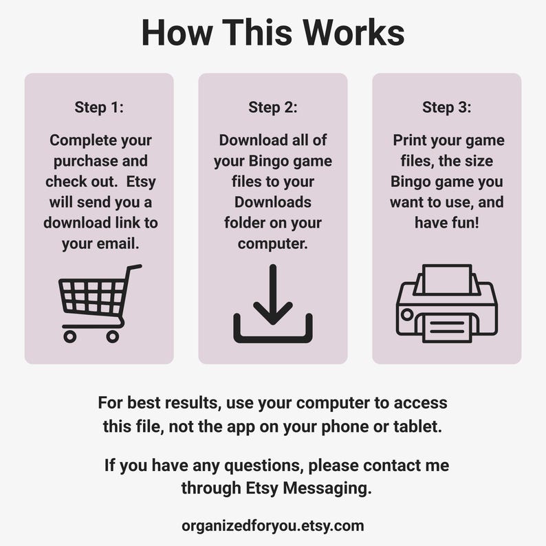 May include: An infographic titled "How This Works" with three steps. Step 1 shows a shopping cart icon and text about completing a purchase. Step 2 features a download icon and instructions. Step 3 shows a printer icon and instructions. Additional text provides further guidance.