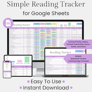 May include: A digital download for a Google Sheets reading tracker. The image shows a screenshot of the spreadsheet with a list of books, authors, and reading status. The spreadsheet is organized by priority, status, format, ownership, genre, series, and more. The image also includes a bonus bookshelf tracker coloring page.