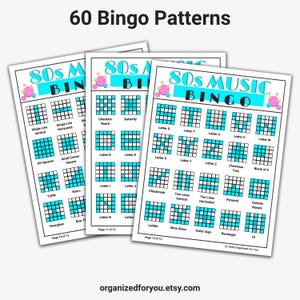 May include: Three sheets of 80s Music Bingo cards with various patterns and the text "60 Bingo Patterns." Each card features a grid with different bingo patterns, including "Checkers Board" and "Christmas Tree." The cards are white with teal and pink accents.