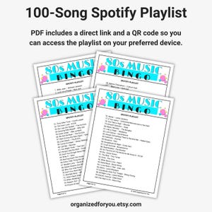May include: A collection of 80s Music Bingo cards with a Spotify playlist. Each card features a list of songs and the text "80s Music Bingo". The cards are white with colorful accents and text.