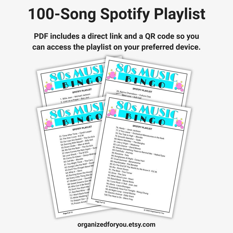 May include: A collection of 80s Music Bingo cards with a Spotify playlist. Each card features a list of songs and the text "80s Music Bingo". The cards are white with colorful accents and text.