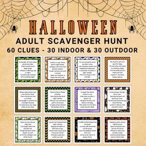 以下が含まれることがあります： ハロウィーンをテーマにした大人向け宝探しゲーム。屋内30個、屋外30個の合計60個のヒントがあります。ゲームはクモの巣とクモの装飾的なデザインが特徴です。ゲームには、不気味で神秘的なテキストのヒントが含まれています。