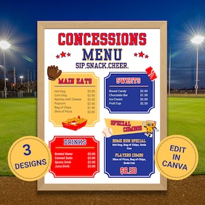 May include: A framed concessions menu with a baseball theme. The menu features categories for main eats, sweets, and drinks, with prices listed. The text "CONCESSIONS MENU" is at the top, with "SIP.SNACK.CHEER." below. Includes "3 DESIGNS" and "EDIT IN CANVA" graphics.