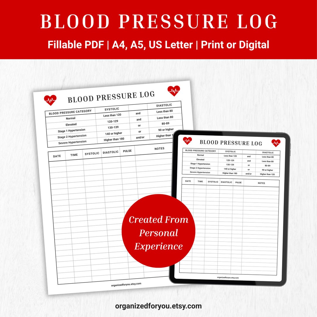 Blood Pressure Log, Printable BP Tracker, Medical Vitals Sheet, Daily ...