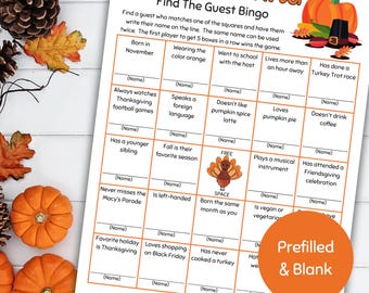 Thanksgiving Find The Guest Bingo Game, Find Someone Who Icebreaker Game, Printable Party Game, Mix And Mingle Bingo, Friendsgiving Game