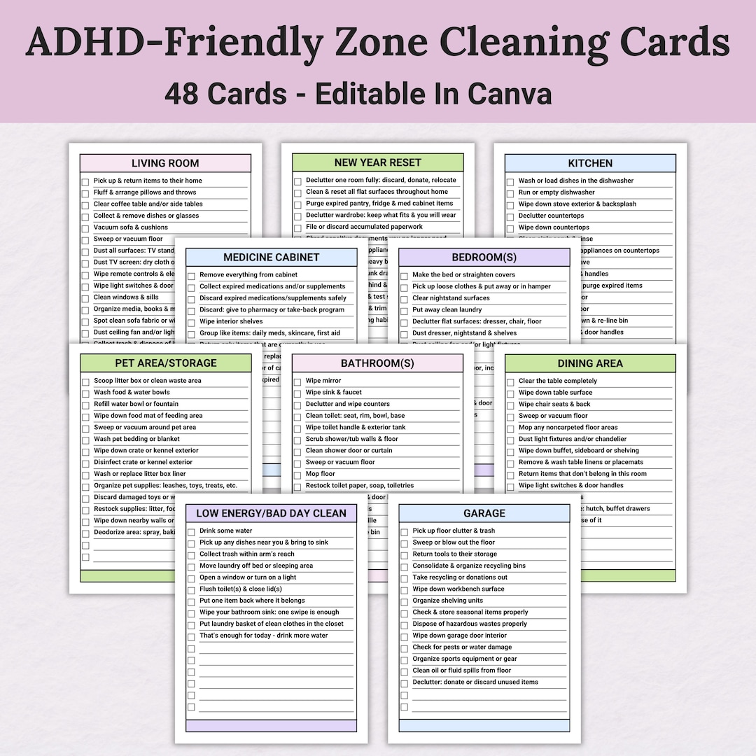 ADHD Zone Cleaning Cards, Room-by-room Cleaning Checklist, Printable ...