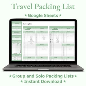 May include: A laptop computer screen displaying a Google Sheets spreadsheet titled "Packing List". The spreadsheet is divided into two columns, one for each person, and includes categories for clothing, toiletries, electronics, and carry-on items. The spreadsheet is designed to help people pack for a trip.