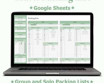 May include: A laptop computer screen displaying a Google Sheets spreadsheet titled "Packing List". The spreadsheet is divided into two columns, one for each person, and includes categories for clothing, toiletries, electronics, and carry-on items. The spreadsheet is designed to help people pack for a trip.