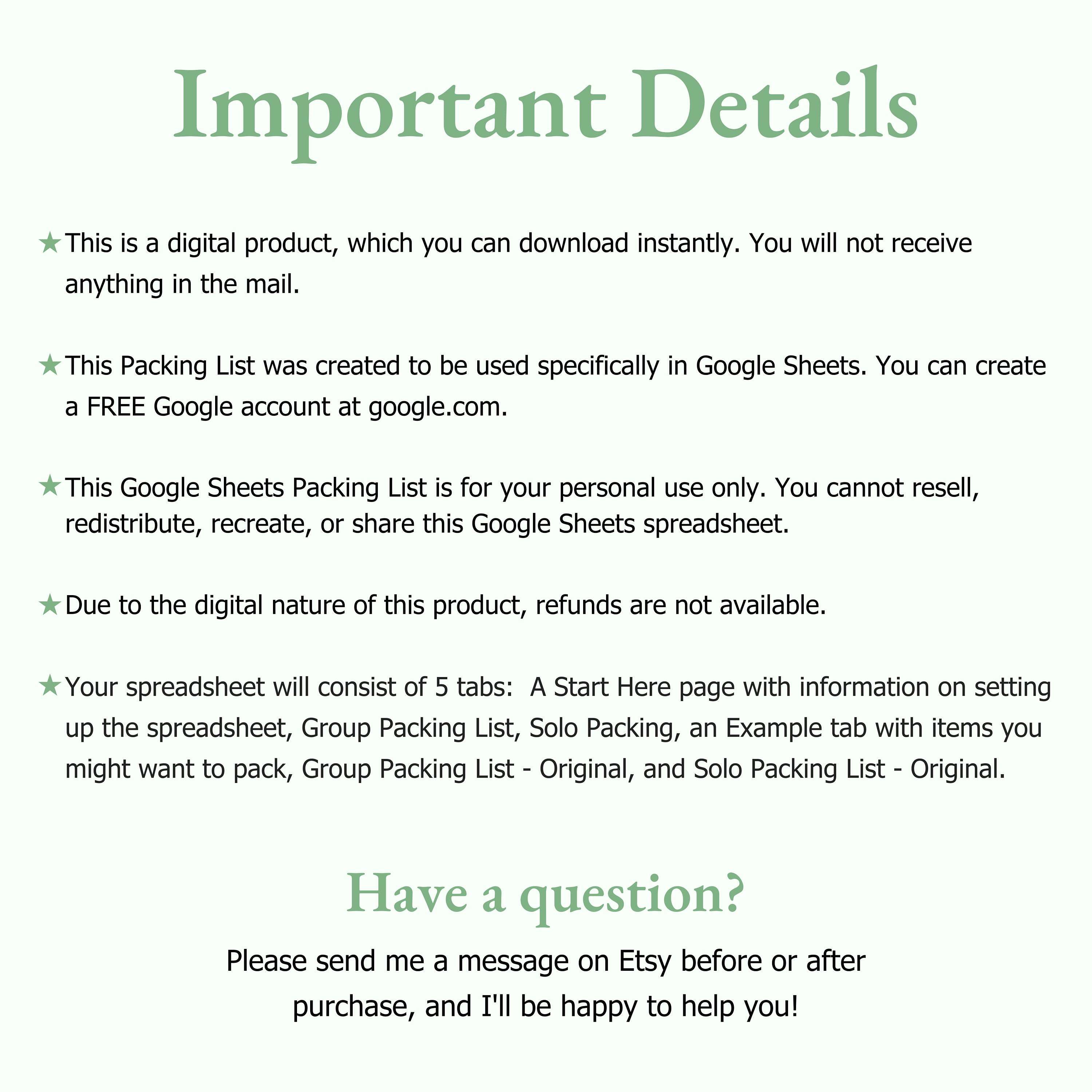 Travel Packing List, Google Sheets Spreadsheet, Digital Travel ...