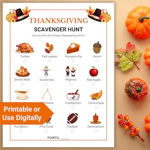 Thanksgiving Scavenger Hunt Game, Friendsgiving Games For Kids, Printable Holiday Party Game, Family Game Night, Indoor Kids Scavenger Hunt