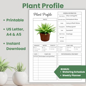 Perfil de la planta, programa de riego, diario de cuidado de plantas, paquete de instrucciones para el cuidado de plantas de interior, material imprimible de jardinería, rastreador de plantas, registro de plantas