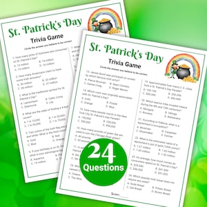 May include: Two St. Patrick's Day trivia game sheets with green borders and illustrations. Each sheet features 24 questions about St. Patrick's Day, with multiple-choice answers. A pot of gold and a leprechaun are depicted.
