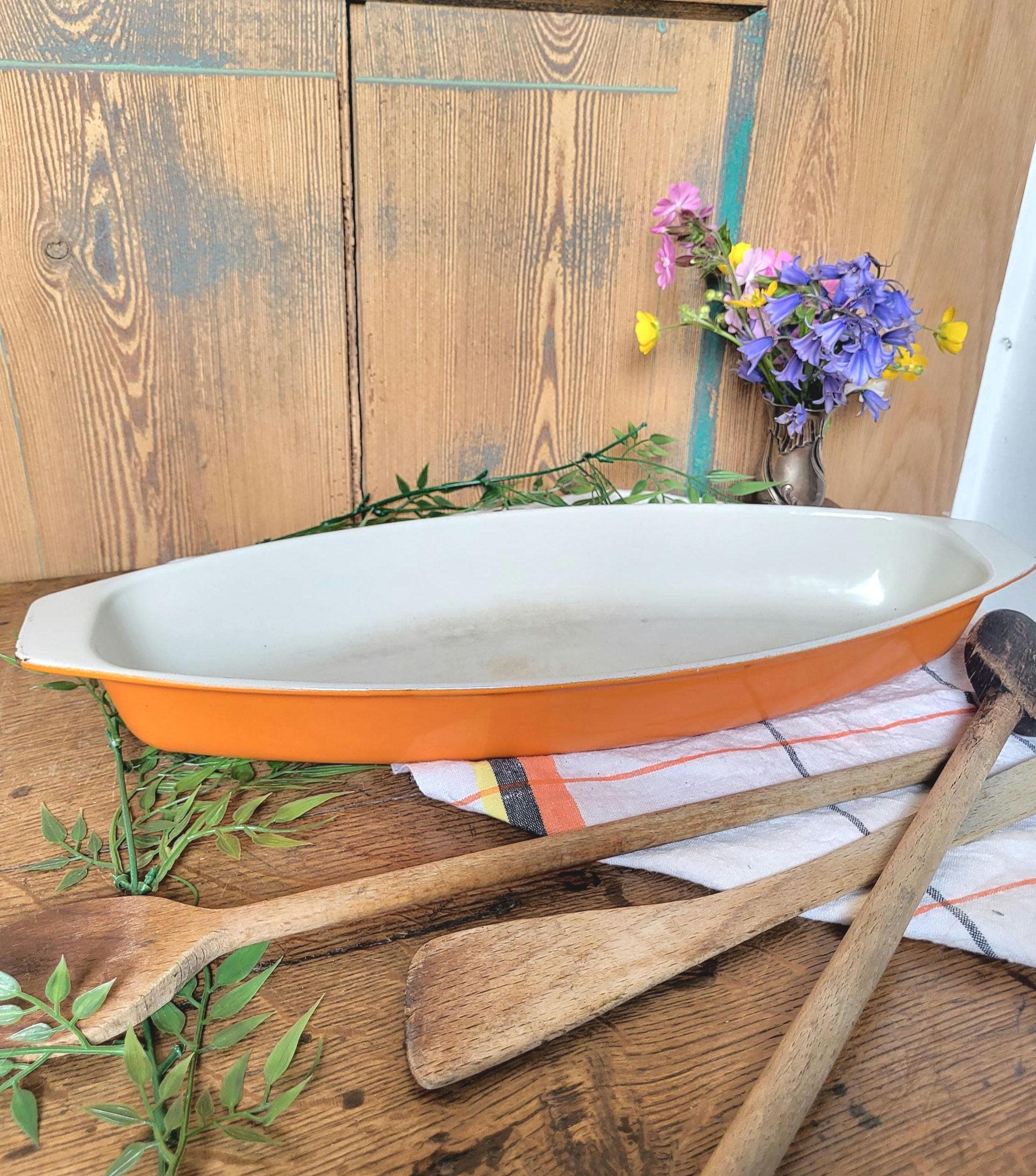 Le Creuset France | Antique large long orange enameled cast iron dish N36