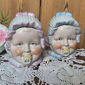 Porcelanowe pudełka z głowami dzieci dziewczynka i chłopiec, elementy vintage