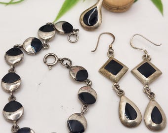 Beautiful vintage set in 925 silver and onyx, bracelet, pendant and earrings
