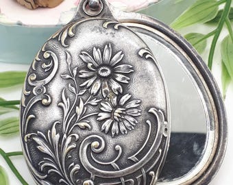 Art Nouveau superb Chatelaine mirror / sliding pocket floral belle epoque pendant