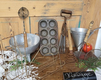 Kitchen utensils, antique farmhouse primitive kitchen - colander, mixer, whisk, skimmer/spider, muffin tin, glass holder