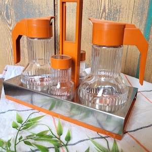 Vintage 70s orange Valira condiment set, vinegar, salt and pepper shakers