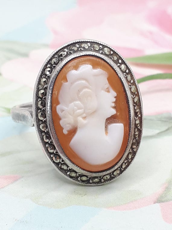 Antique Elegant Marquise Silver Marcasite Cameo Ring