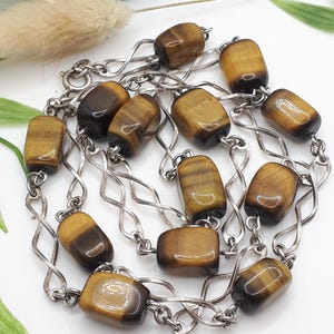 Magnificent necklace in 800 silver and tiger&#39;s eye stone beads 68cm