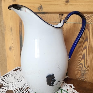 Vintage French | Antique large pitcher, jug, jug, milk jug in white and blue enamel
