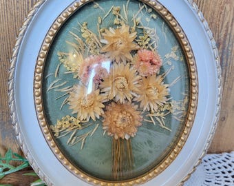 Lot De 4 Cadres Métal Doré Verre Bombé Avec Fleurs Séchées Vintage