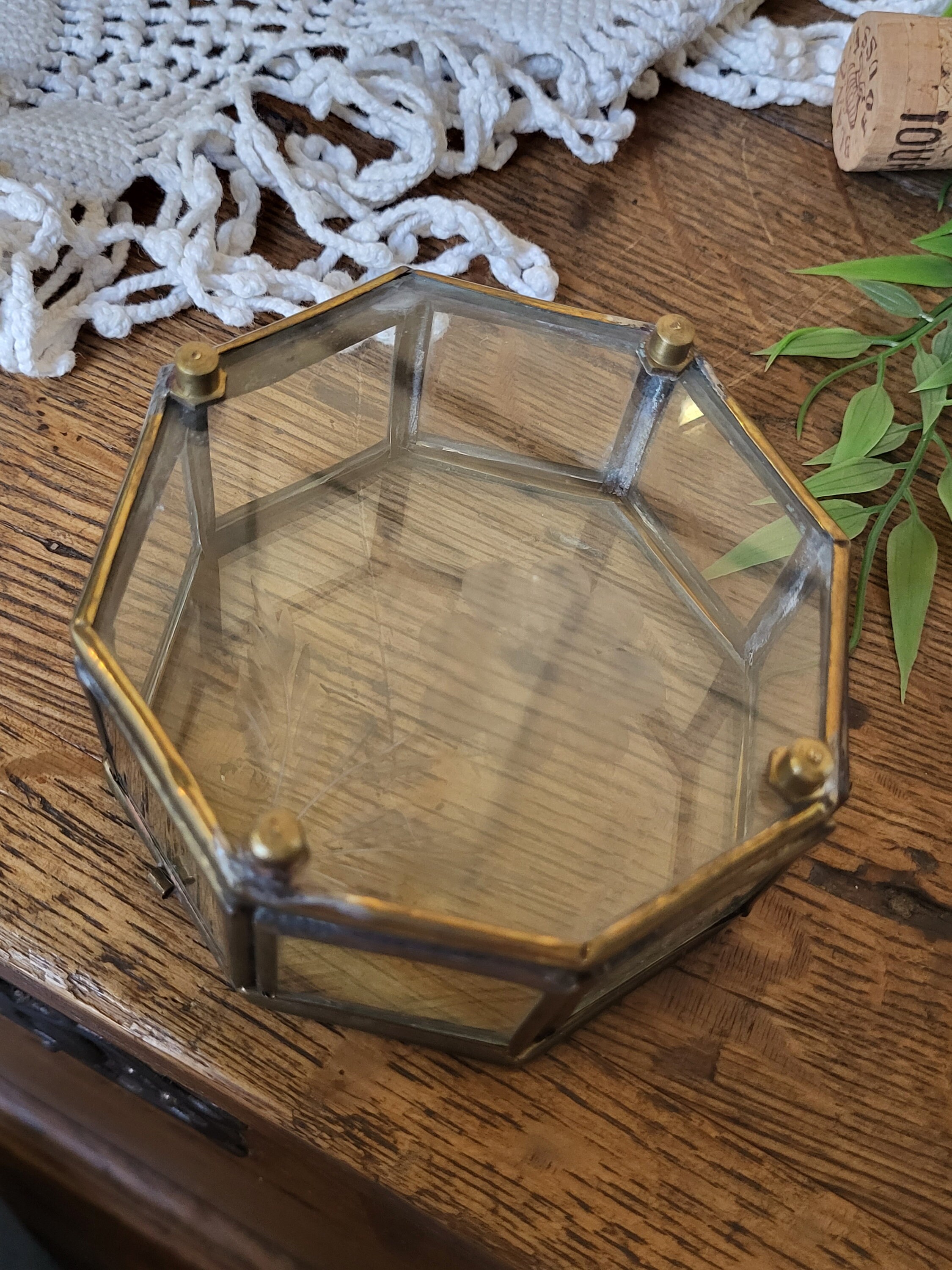 Boîte à Bijoux Octogonale Ancienne En Bois Et Verre - Déco Fleurs Vintage