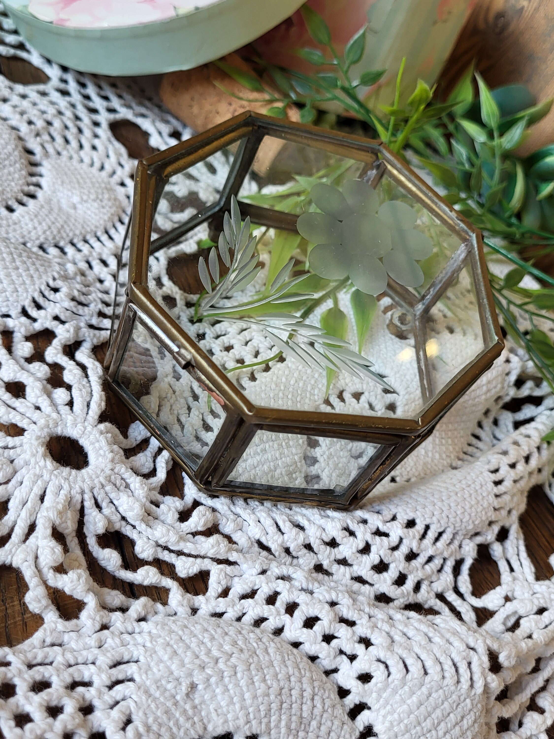 Coffret à Bijoux Octogonal Vintage – Bois Et Verre, Déco Fleurie Ancienne