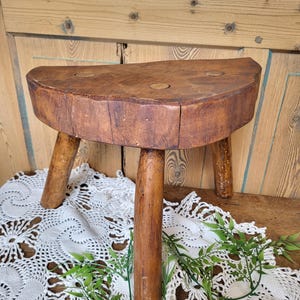 Old wooden stool, milking stool, plant stand, antique stool, rustic tripod