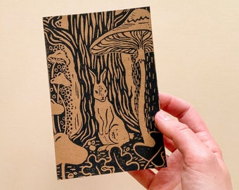 Original Linoldruck, Klappkarte mit Kuvert, Hase im Wald, handgedruckte Postkarte, braun