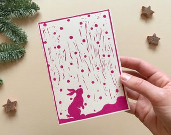 Original Linoldruck, Klappkarte mit Kuvert, Hase im Schnee, handgedruckte Postkarte, pink