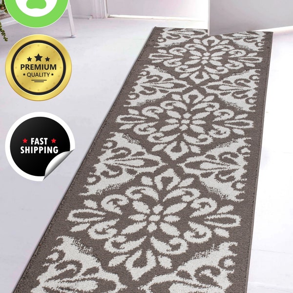 Custom Size Pet Friendly Non-Slip Skid Stain Resistant Boho Medallion Gray Runner Rug Mat for Wide Oversized Large Hallway Entryway Kitchen