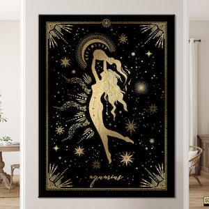Golden Aquarius Canvas Print, Real Golden Canvas, Magic Aquarius Print, Mid Century Golden Canvas, Zodiac Wall Art, Golden Canvas Wall Art