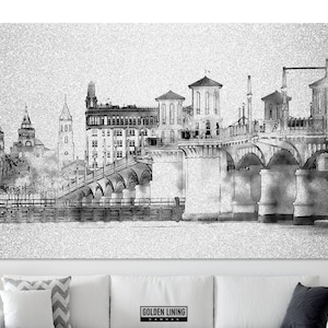 St. Augustine Silver Canvas Print, Real Silver Canvas Print, St. Augustine Florida USA city skyline and Bridge of Lions, Silver Wall Art
