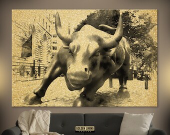 Wall Street Bull Golden Canvas Print, Opladen Bull, Real Golden Canvas Wall Art, De Stier van Wall Street, Golden Wall Art Golden Wall Decor