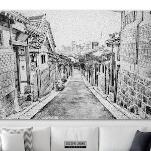 Bukchon Hanok Village Silver Canvas Print, Real Silver Canvas Print, Bukchon Hanok Village in Seoul South Korea, Silver Wall Decor