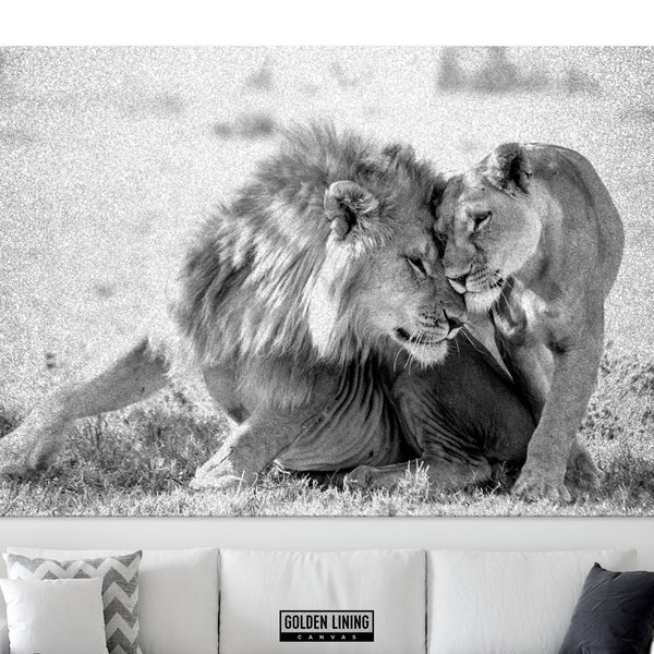 Impression sur toile Silver Lions, Impression sur toile en argent véritable, Lions in Love, Couple de lions, Art mural en argent, Décor mural en argent