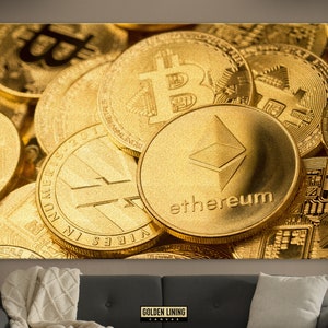 Golden Bitcoin Canvas Print, Golden Ethereum Wall Art, Golden Litecoin Print, Cryptocurrency Wall Decor, Golden Wall Art, Golden Wall Decor