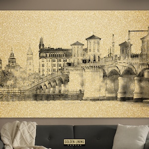 St. Augustine Golden Canvas Print, Real Golden Canvas Print, St. Augustine Florida USA city skyline and Bridge of Lions, Golden Wall Art
