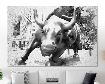 Wall Street Bull Silver Canvas Print, Opladen Bull, Real Silver Canvas Wall Art, De Stier van Wall Street, Silver Wall Art Silver Wall Decor