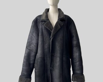 Vintage Men's Real Sheepskin Coat Black Shearling Jacket Sheepskin Winter Coat Leather Shearling Overcoat