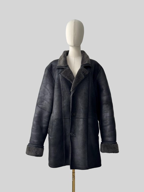 Vintage Men's Real Sheepskin Coat Black Shearling Jacket Sheepskin Winter Coat Leather Shearling Overcoat