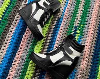 Vintage Y2K Platform Wedge Boots Black White Ankle Boots Avant Garde Punk Goth Shoes