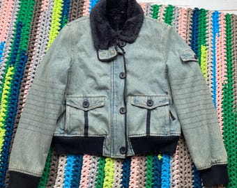 Vintage Turquoise Cropped Jacket Women Moto Jacket With Faux Fur Details Y2K Biker Style Winter Coat